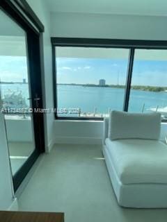 living room with a water view and a healthy amount of sunlight
