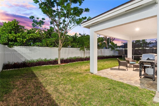 yard at dusk featuring a patio