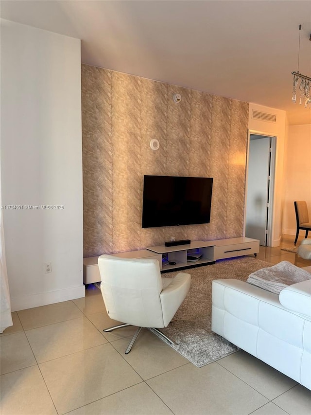 living room with tile patterned floors