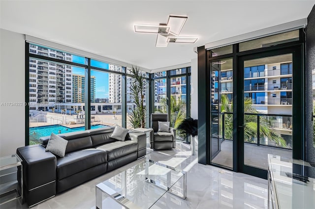 living room with a wall of windows