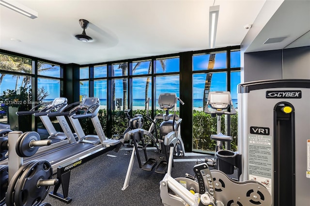 workout area featuring floor to ceiling windows and a water view