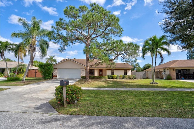 ranch-style home featuring a garage and a front lawn