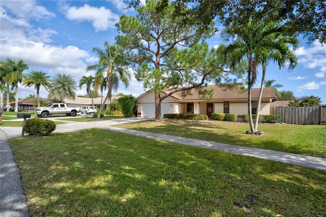 ranch-style home with a garage and a front lawn