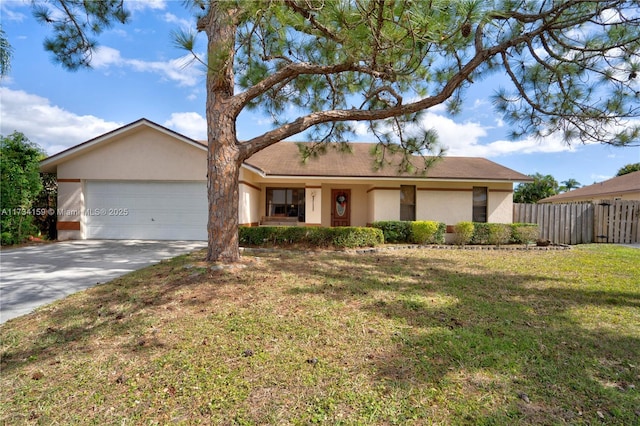 ranch-style house with a garage and a front yard