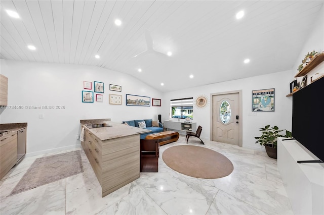 office with vaulted ceiling and wooden ceiling