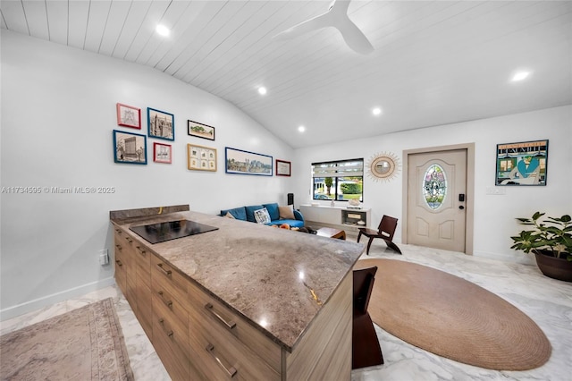 kitchen featuring lofted ceiling, ceiling fan, kitchen peninsula, wooden ceiling, and black electric cooktop