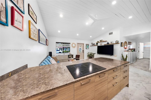 kitchen with black electric stovetop, wood ceiling, vaulted ceiling, and ceiling fan