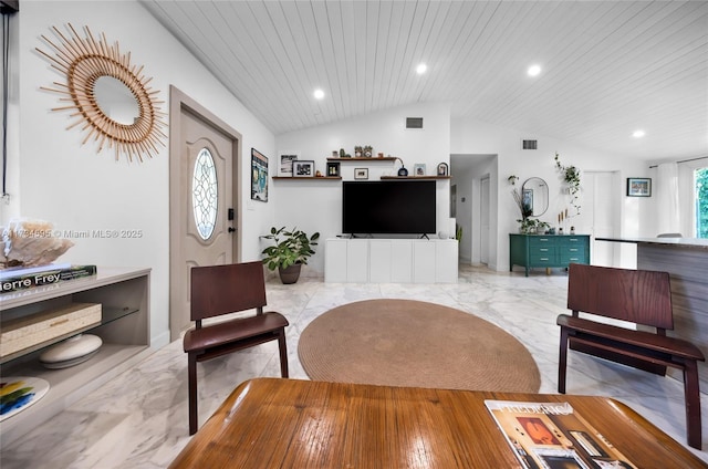 living room with lofted ceiling and wood ceiling