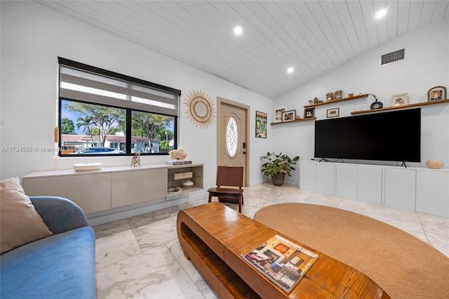 living room with vaulted ceiling and wood ceiling