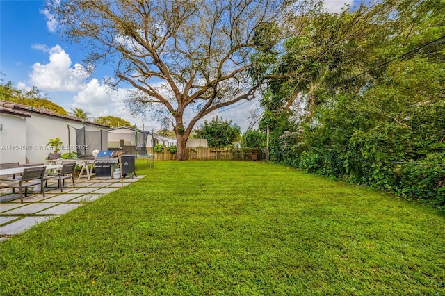 view of yard with a trampoline and a patio area