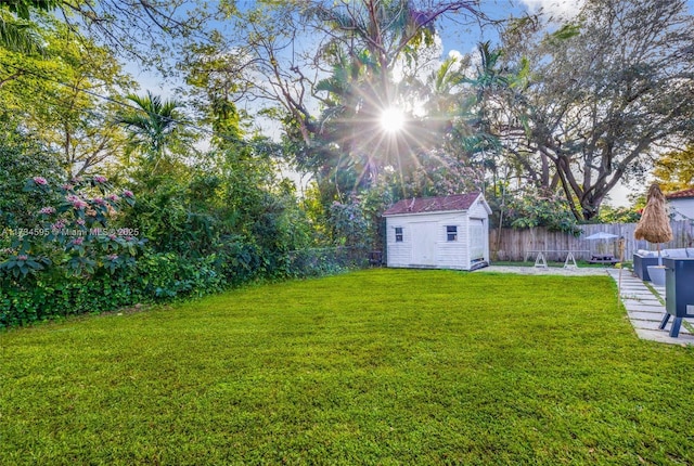 view of yard featuring a storage shed