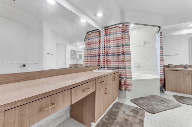 bathroom featuring vanity, tile patterned flooring, and shower / bathtub combination with curtain