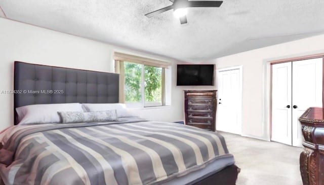 9500 Atlantic St, Miramar, FL 33025 - carpeted bedroom with a textured ceiling, lofted ceiling, multiple closets, and ceiling fan