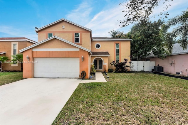 view of front property featuring a garage, central AC, and a front yard