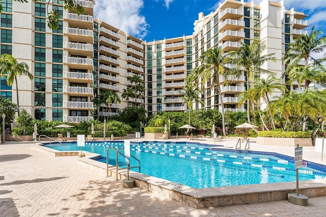 view of swimming pool with a patio area