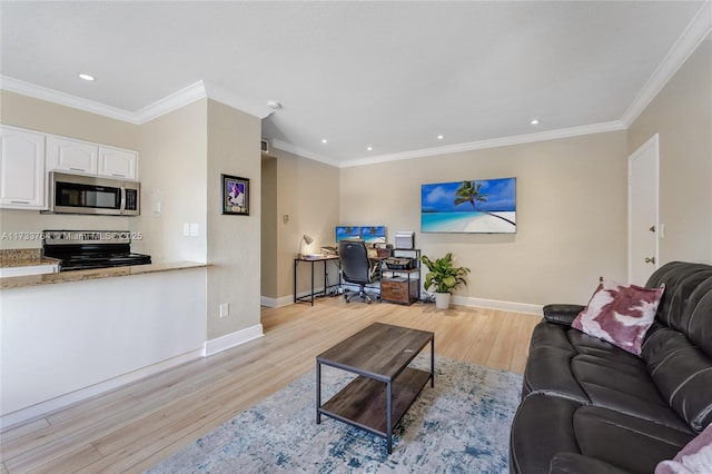 living room featuring crown molding and light hardwood / wood-style floors