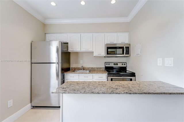 kitchen with white cabinetry, sink, ornamental molding, stainless steel appliances, and light stone countertops