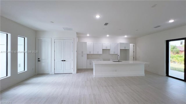 kitchen with sink, a center island with sink, and white cabinets