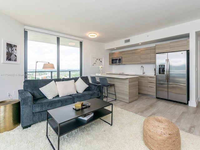 living room featuring sink, light hardwood / wood-style flooring, and expansive windows