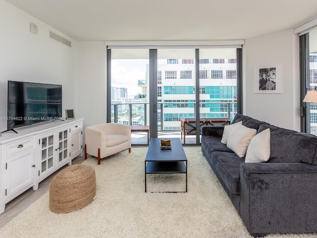 living room with a wall of windows and a wealth of natural light