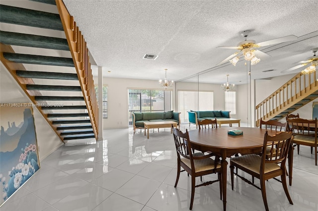 10836 Cypress Glen Dr, Coral Springs, FL 33071 - tiled dining space featuring ceiling fan with notable chandelier and a textured ceiling