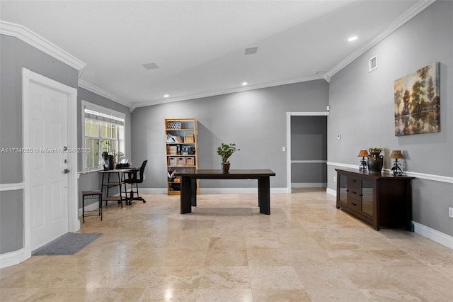 home office with crown molding