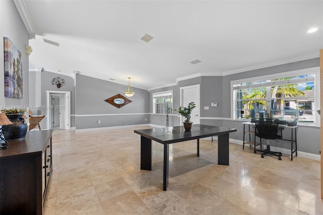 office with lofted ceiling, crown molding, and plenty of natural light