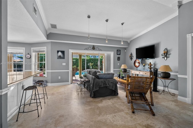 living room featuring ornamental molding and a textured ceiling