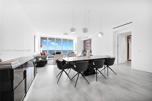 dining space with floor to ceiling windows and a water view