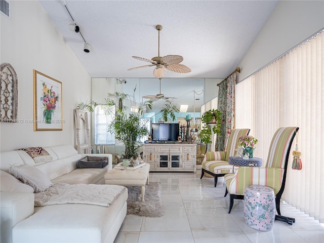 living room with vaulted ceiling, rail lighting, and a textured ceiling