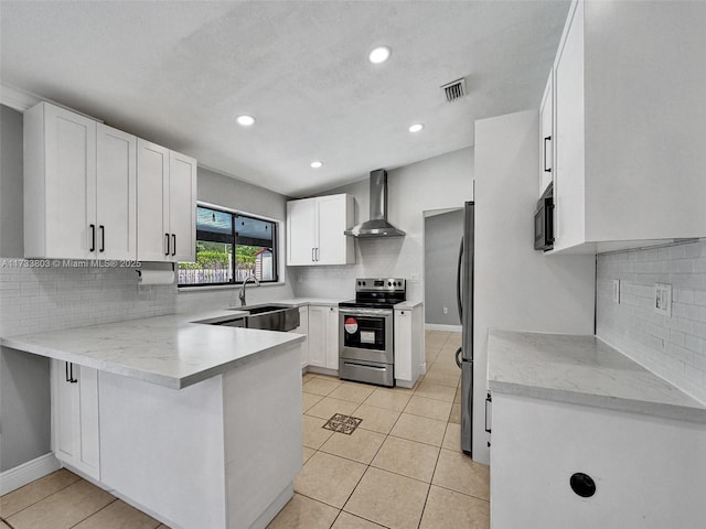 kitchen featuring white cabinets, stainless steel range with electric stovetop, light tile patterned floors, kitchen peninsula, and wall chimney exhaust hood