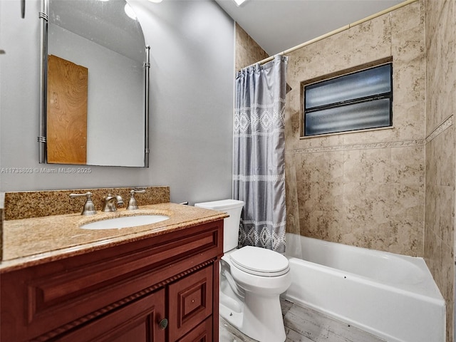 full bathroom with vanity, toilet, and shower / bathtub combination with curtain