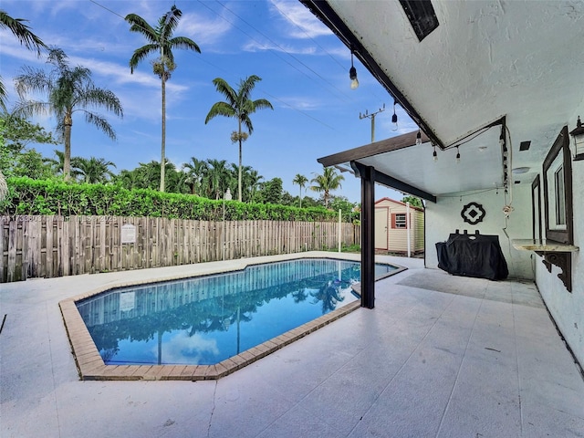 view of swimming pool featuring a shed and a patio