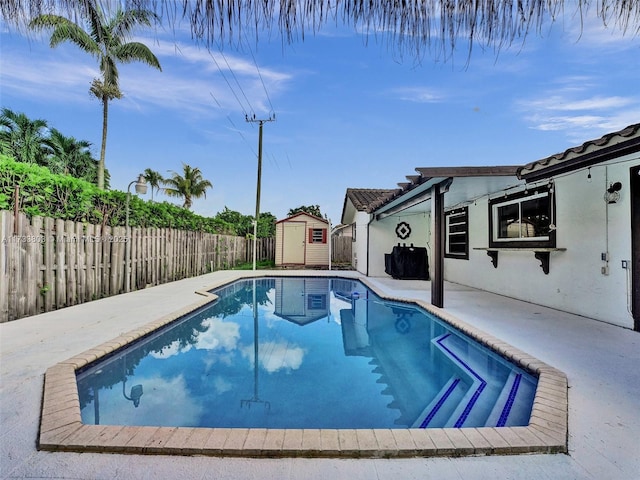 view of pool with a patio area and a storage unit