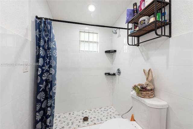 bathroom featuring walk in shower and toilet