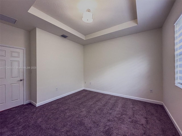 spare room with a raised ceiling and dark carpet