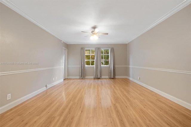 unfurnished room featuring ornamental molding, ceiling fan, and light hardwood / wood-style flooring