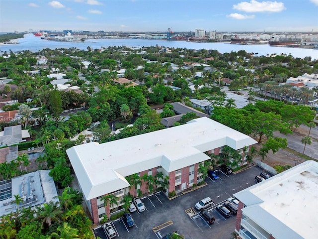 drone / aerial view with a water view