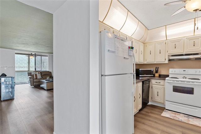 2851 Somerset Dr Unit 415, Lauderdale Lakes, FL 33311 - kitchen with white appliances, under cabinet range hood, a ceiling fan, light wood-style flooring, and floor to ceiling windows