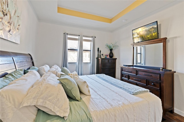 bedroom featuring a raised ceiling and hardwood / wood-style flooring