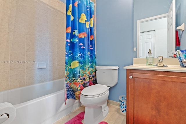 full bathroom featuring vanity, shower / tub combo, tile patterned floors, and toilet