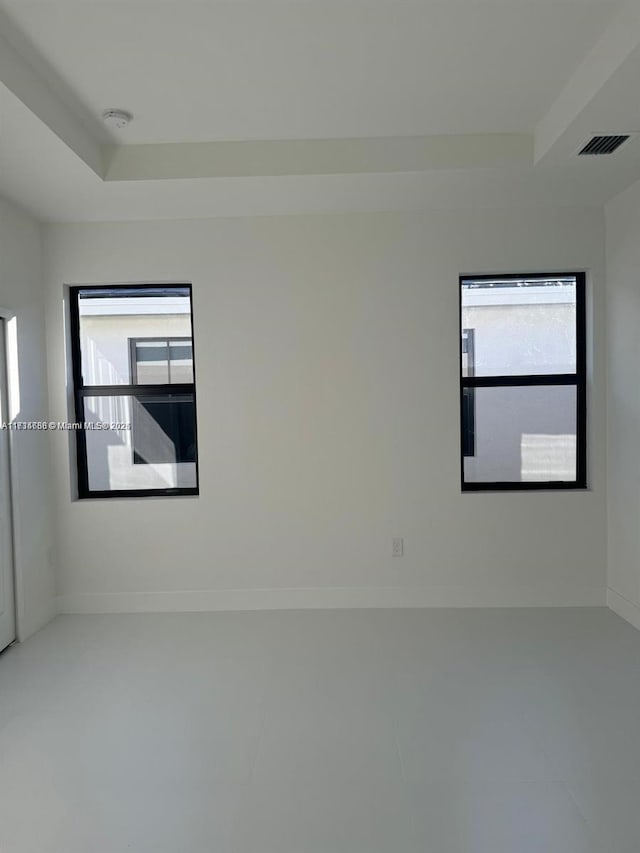 unfurnished room featuring plenty of natural light and a raised ceiling