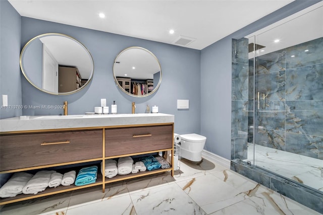 full bath with visible vents, double vanity, a stall shower, a sink, and marble finish floor