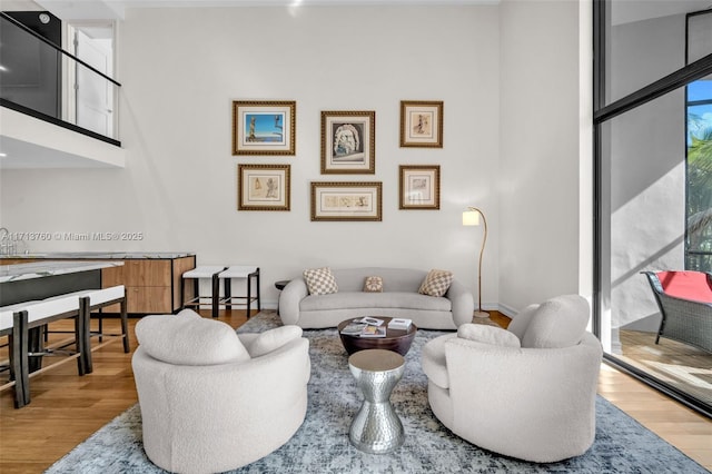 living area featuring baseboards and wood finished floors