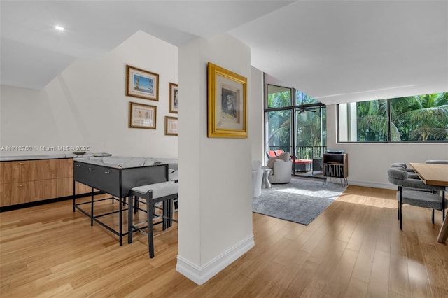 interior space featuring baseboards, light wood-style flooring, and vaulted ceiling