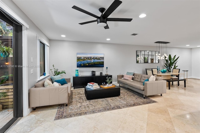 living room with ceiling fan