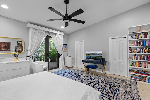 bedroom with ceiling fan and access to exterior