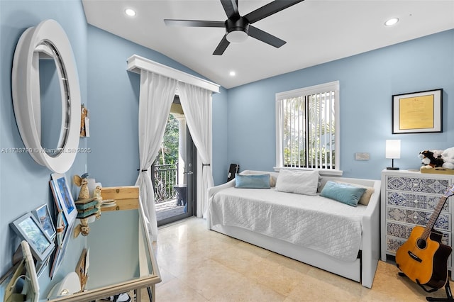 bedroom with vaulted ceiling, access to outside, and ceiling fan