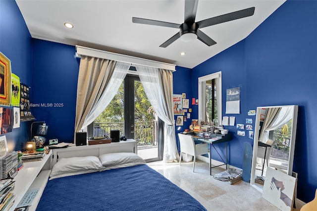 bedroom featuring access to exterior and ceiling fan