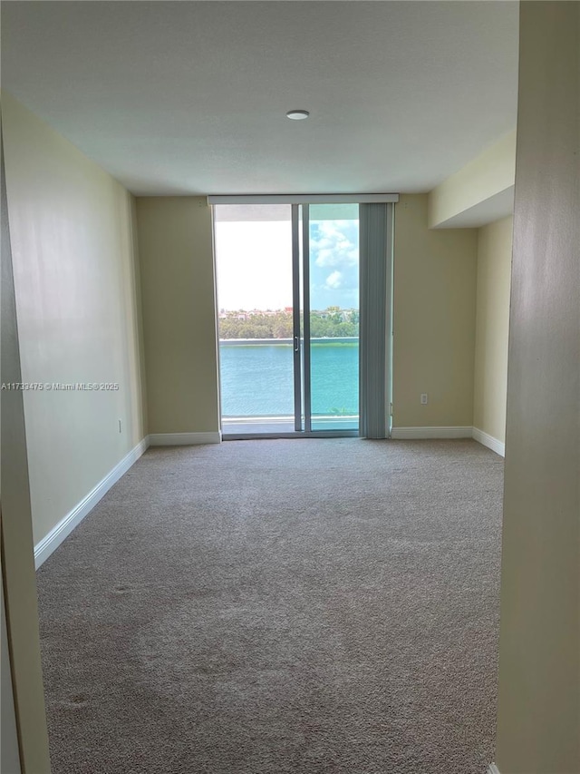 spare room with carpet flooring, expansive windows, and a water view